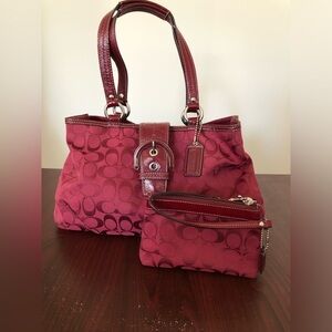 Authentic Coach Soho Red Signature Canvas Tote bag with Matching Wristlet